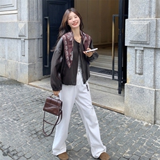 棕色复古设计感PU皮衣外套女2025秋季美式小个子气质休闲圆领夹克，女装短外套，2C129