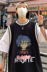 港风23新款夏季卡通纯棉印花圆领假两件短袖T恤T6617P410控58，男装T恤，电商A268A
