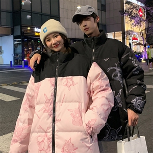 卡通印花小怪兽皮卡丘情侣学生短款轻薄拼色得物羽绒服男图片