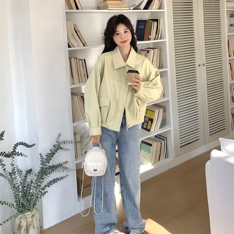 独特超好看浅黄色短款翻领pu皮衣外套女春秋2025新款绝美休闲夹克图片