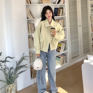 独特超好看浅黄色短款翻领pu皮衣外套女春秋2025新款绝美休闲夹克图片
