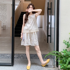 米白色森系提花马甲背心短裤套装女2025夏季新款小个子宽松两件套，女装套装/套裙，浙宝217