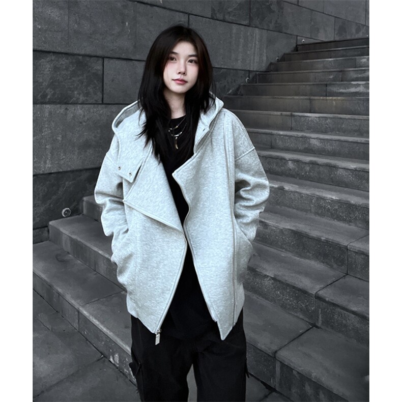 抖音得物品质26春装美式重磅结构斜拉链高领连帽卫衣开衫外套W61,女装短外套,电商A486