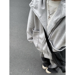 抖音得物高品质秋冬美式高街重磅结构辑明线纹理连帽卫衣外套W111图片