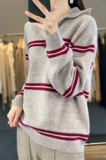 100%纯羊毛衫女半开领拉链条纹拼色加厚长袖针织毛衣宽松羊绒打底，女装羊毛衫，冀清阳荣