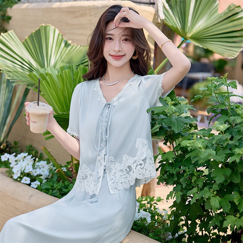 法式气质蕾丝拼接套装女2025夏季新款高级感时髦洋气阔腿裤两件套,商品下架区,水衣源
