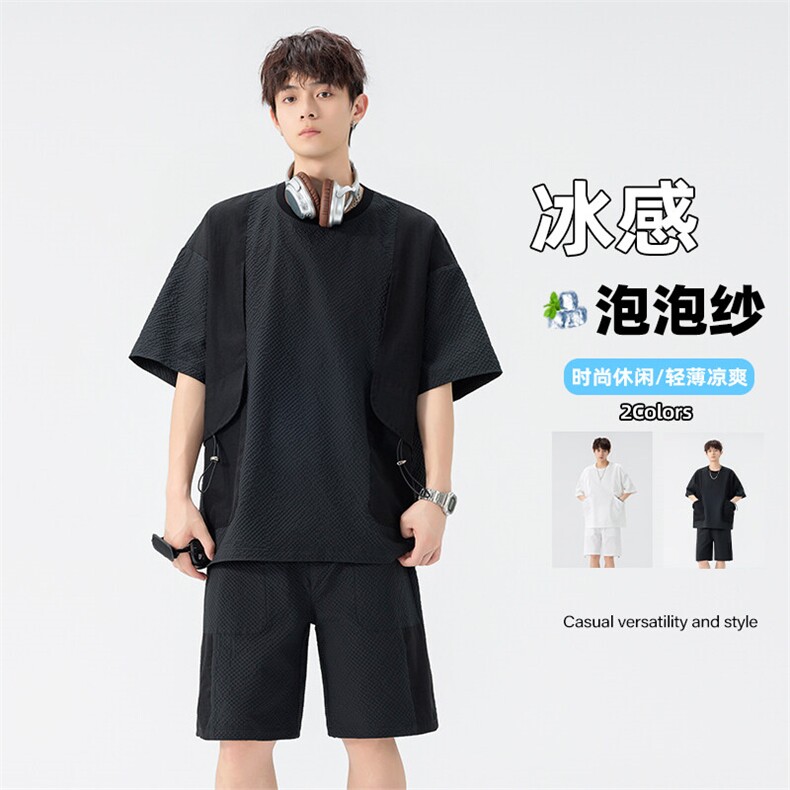 特批P50无差价夏季泡泡格圆领休闲短袖套装大码速干两件套TZ5352图片