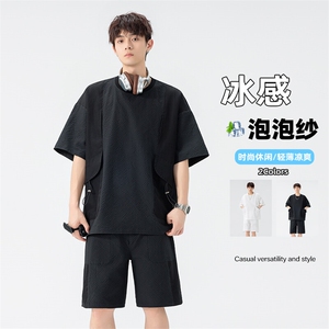 特批P50无差价夏季泡泡格圆领休闲短袖套装大码速干两件套TZ5352图片