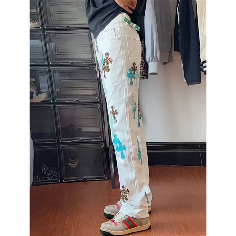 美式克罗CH高街轻奢牛仔裤白色潮牌十字架宽松男女同款直筒长裤,男装牛仔裤,四季星座505
