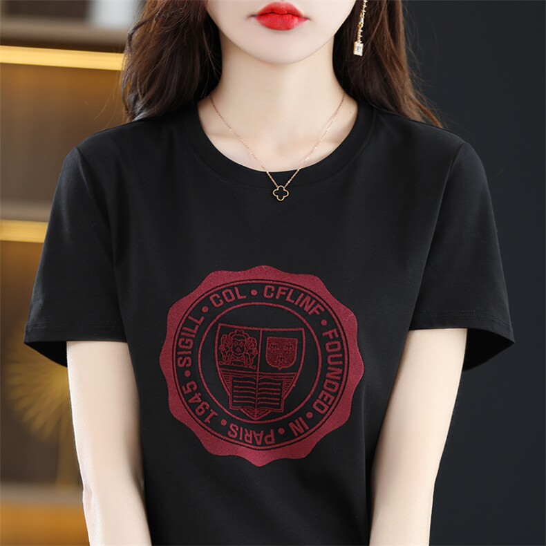 丝光棉t恤女24夏季新款100%纯棉短袖上衣烫钻精梳棉印花半袖打底,女装T恤,暖烁羊绒