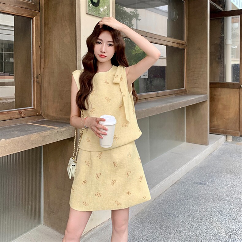 韩版气质小香风蝴蝶结套装女2025夏季新款背心上衣半身短裙两件套,女装套装/套裙,2D034