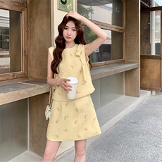 韩版气质小香风蝴蝶结套装女2025夏季新款背心上衣半身短裙两件套，女装套装/套裙，2D034