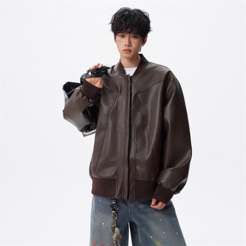 抖音得物高品质美式高街复古老钱风PU皮夹克外套男女短款机车皮衣，男装夹克，电商A486