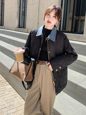 黑色菱格羽绒棉服女2024冬宽松韩版洋气超好看拼接翻领牛仔小棉袄，女装棉衣/棉服，C位