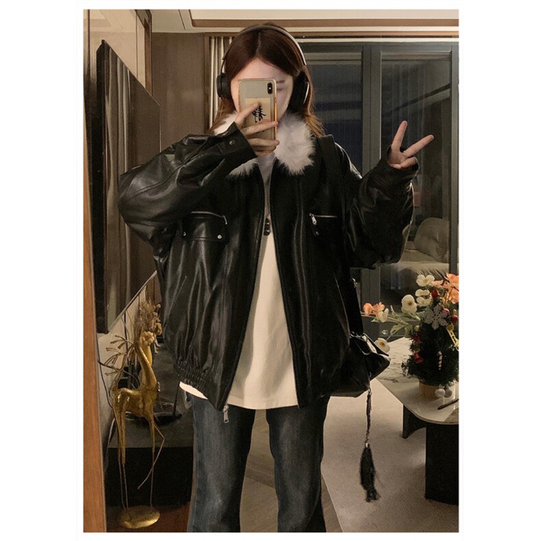 CC686-P125毛领美式复古廓形翻领机车夹克夹棉皮衣冬季新款棉衣,女装皮衣,星座1611A