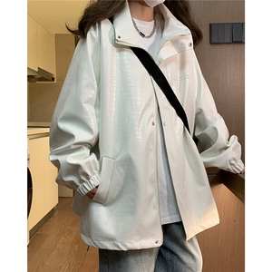 大码pu皮衣夹克钢印美式女复古oversize显瘦设计感情侣机车外套秋图片