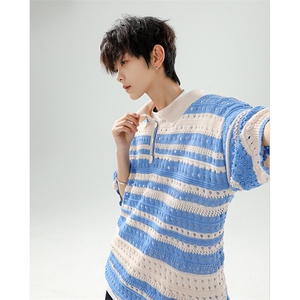 8XL-M 特大码美式复古条纹撞色针织POLO衫翻领休闲短袖TDX311P35图片