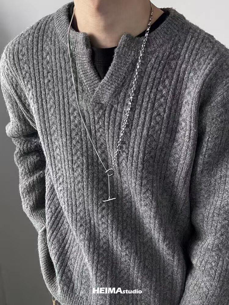 网图麻花灰色亨利领毛衣男cleanfit老钱风v领针织衫MY6518-特P58,男装针织衫/毛衣,星座1007（原301D）