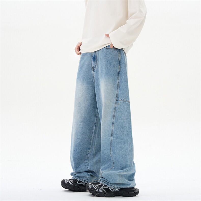 2025春夏新款美式浅蓝色牛仔裤男女情侣宽松直筒拼接个性弯刀裤子，男装牛仔裤，星座301D-3