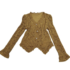 现货2025法式勾花V领植绒蕾丝双层时尚百搭显瘦洋气上衣，女装蕾丝衫/雪纺衫，时尚俏佳人