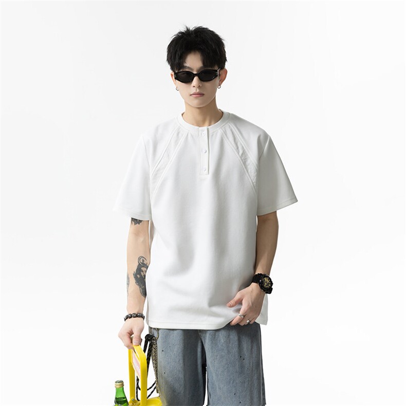 2025夏季新款港风日系纯色亨利领短袖T恤男潮XZ213-TX15-P35控58,男装T恤,星座213
