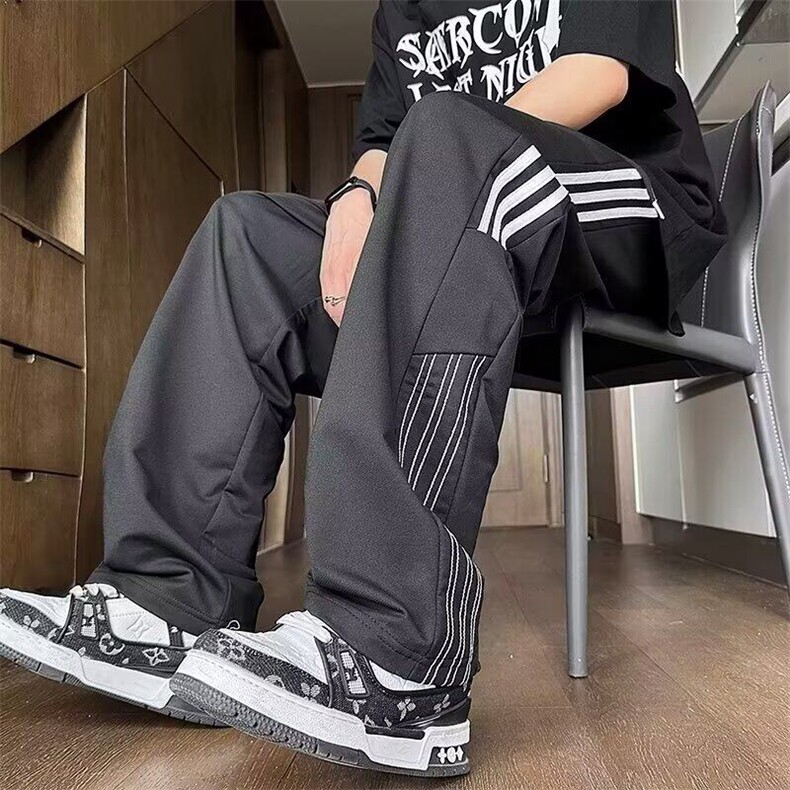 直筒运动裤2025男生高街条纹百搭休闲裤美式宽松长裤子1855P32，男装休闲裤，星座410-2