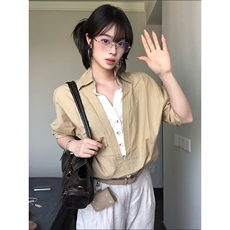 老钱风假两件V领衬衫男女秋季慵懒风设计感宽松穿搭拼接工装外套，男装衬衫，星座506A