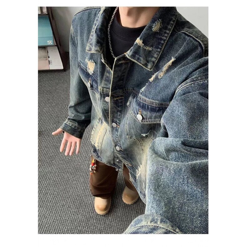 重工美式破洞牛仔外套男女2025春秋高街痞帅牛仔夹克翻领情侣上衣，男装工装外套，四季星座505