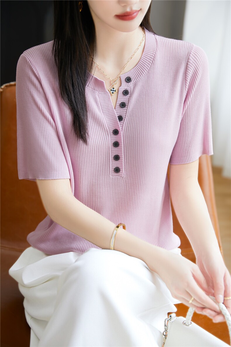 2025夏季新款纯色半开领冰丝短袖体恤衫女修身简约内搭上衣打底衫,女装T恤,晨旭羊绒