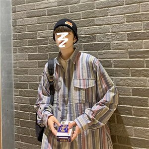 复古条纹长袖衬衫男港风彩虹拼色衬衣原宿风CS728P36图片