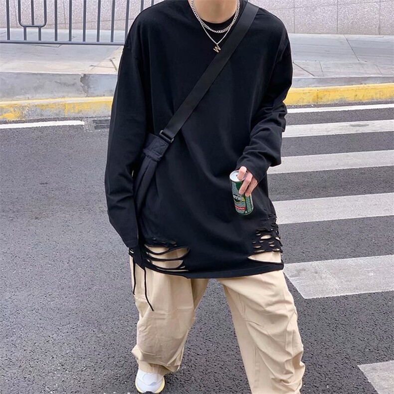 不规则设计上衣男长袖破洞打底衫内搭下摆oversizeT恤高街暗黑系,男装T恤,星座1210-1