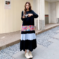 【现】【货】碎花拼接长袖黑色连衣裙2C158-6012-P135-K208，女装连衣裙，2C158