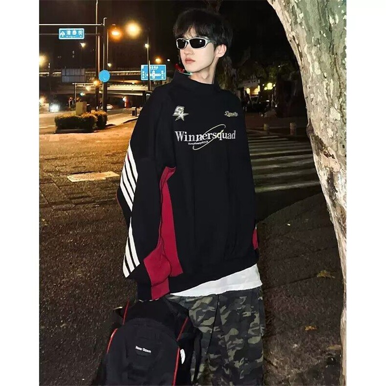 美式复古条纹拼接polo领卫衣男女刺绣潮牌宽松休闲长袖外套上衣潮图片