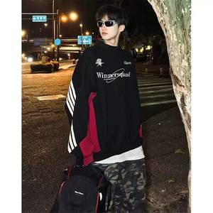 美式复古条纹拼接polo领卫衣男女刺绣潮牌宽松休闲长袖外套上衣潮图片