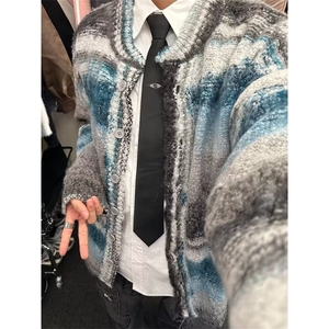 复古彩色条纹毛衣男秋冬新款慵懒风宽松小众学生开衫针织上衣外套图片