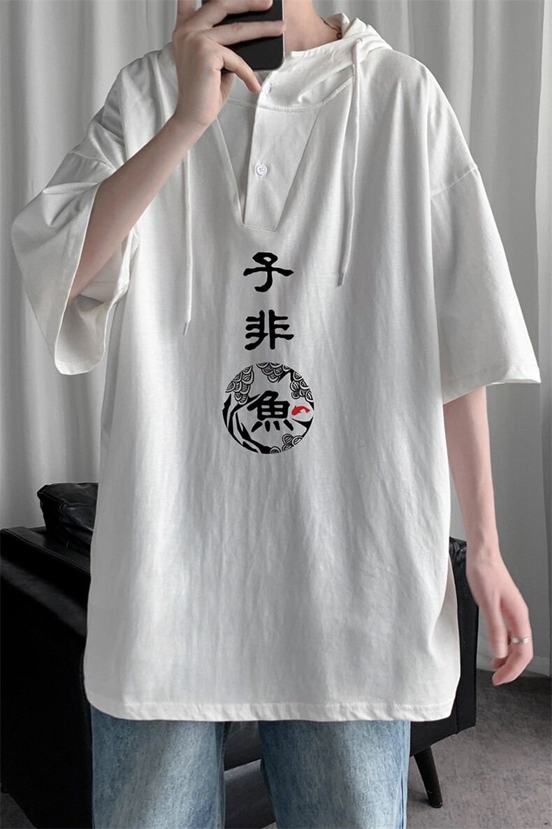 LD54070-P45连帽短袖t恤男大码胖子带帽五分袖中袖,男装T恤,电商A040