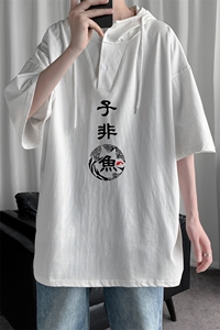 LD54070-P45 连帽短袖t恤男大码胖子带帽五分袖中袖图片