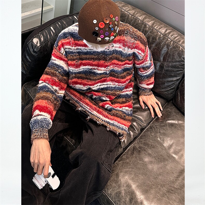 23M01-P70高街风男女同款条纹套头毛衣秋冬保暖圆领针织衫,男装针织衫/毛衣,电商B327