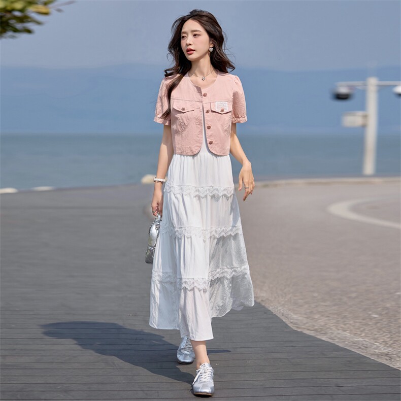 2025夏新品度假风蕾丝花边连衣裙+牛仔短袖两件套,女装套装/套裙,韩蔻秀