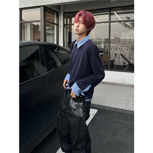 美式复古假两件拼接格纹Polo长袖男女套头衫卫衣WZW09-P41图片