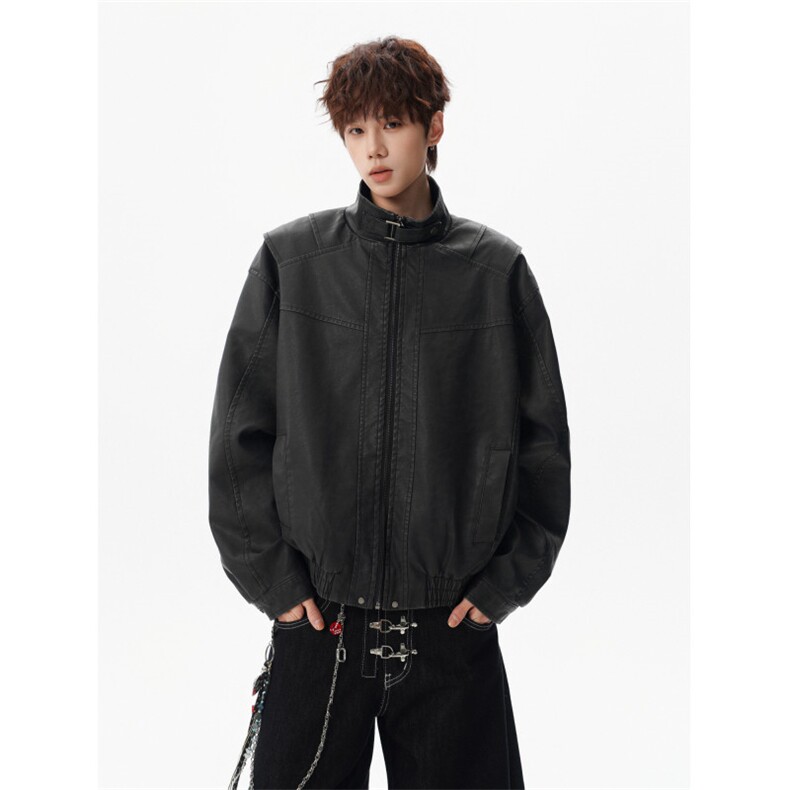 706-J9026-P98现货春季美式复古解构分割立领pu皮夹克外套，男装夹克，星座706
