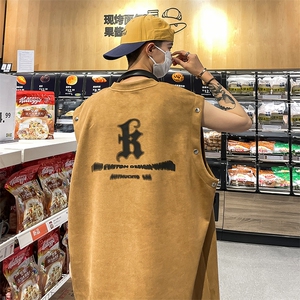 港风夏装新款麂皮绒印花可拆卸圆领宽松短袖T恤男背心潮 D286 P38图片
