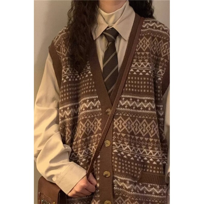 菱格棕色开始毛衣背心男女日系慵懒风小众开衫无袖针织衫SWJ766，男装背心/马甲，星座516A