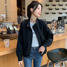 小个子纯色立领夹克拉链上衣女2022秋新款时尚百搭休闲通勤短外套,女装短外套,辉之琳