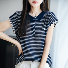 竹节麻翻领短袖针织衫女t恤夏季新款简约时尚洋气减龄Polo衫上衣，女装针织衫/毛衣，菲奥羊绒