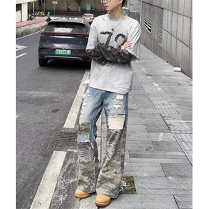 春秋季小众拼接迷彩破坏牛仔裤男复古小众拼接工装裤子 NK1067图片