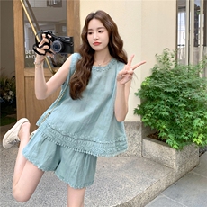 法式时尚蕾丝气质套装女2025夏季新款宽松百搭无袖背心短裤两件套，女装套装/套裙，2B237