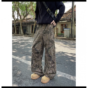 美式重磅潮牌工装裤男宽松直筒纯棉大码阔腿裤复古水洗迷彩休闲裤图片
