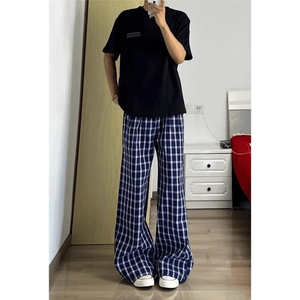 美式高街潮牌男女泡泡格子休闲裤直筒宽松慵懒显瘦阔腿休闲长裤子图片
