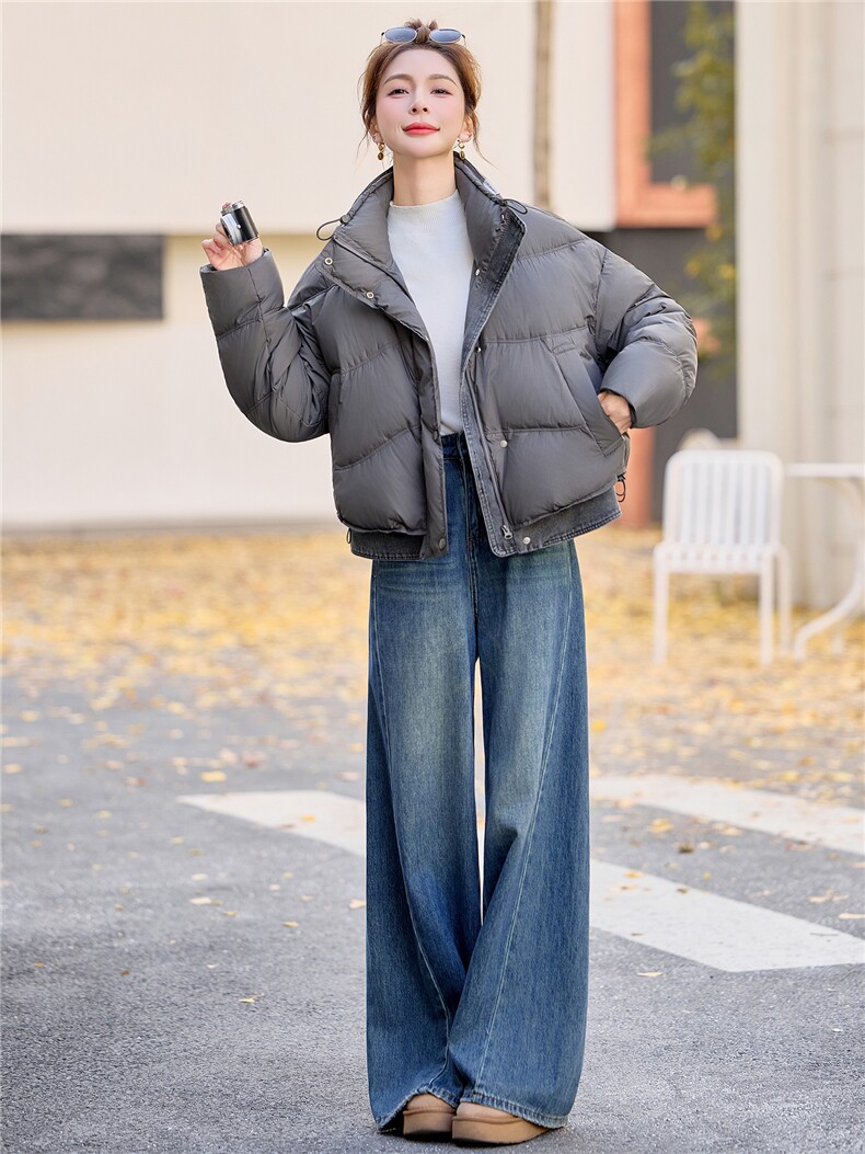 2025冬季新款牛仔拼接休闲风立领短款羽绒服,女装羽绒服,E百度
